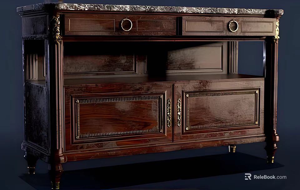 Classic Solid Wood Entryway Side Cabinet With Drawers Carved Details And Metal Accents 3d model 