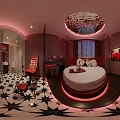 Modern Hotel Guest Room Interior With Bed Desk Chair And Blue Ambient Lighting