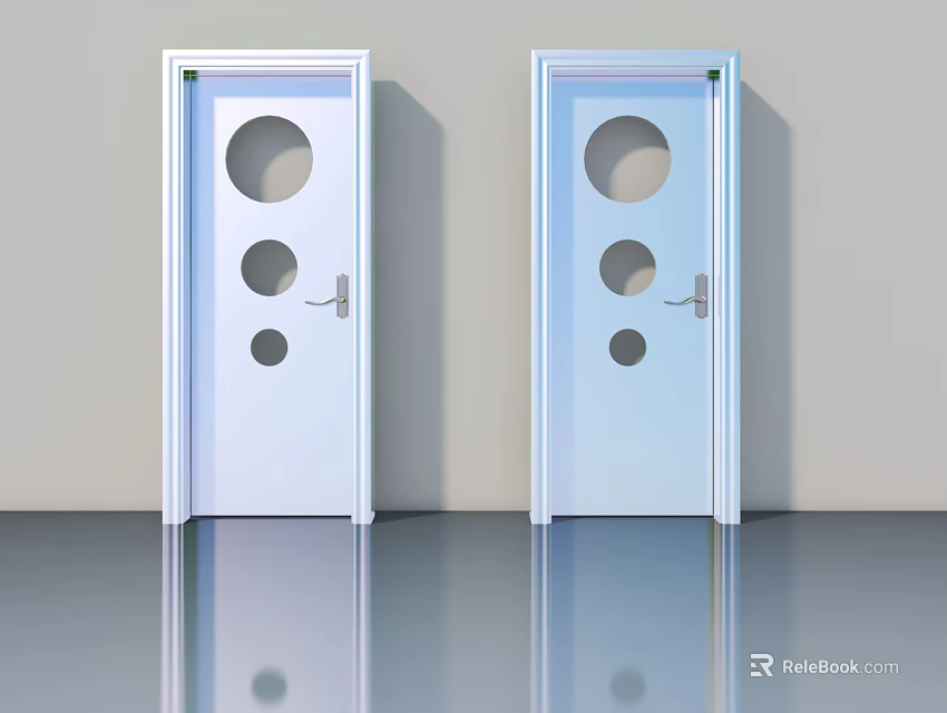 White Modern Swing Doors With Circular Transparent Windows And Sleek Design 3d model
