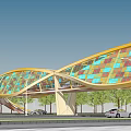 Colorful Glass Roof Curved Pedestrian Overpass With Staircase Trees And Vehicles