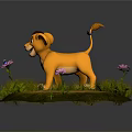 Cute Cartoon Lion Cub On Stone Ground With Green Grass Pink Flowers And Small Butterfly