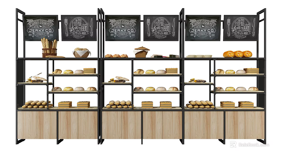 Bakery Display Shelves with Multiple Layers Holding Bread Fruits and Chalkboard Menus 3d model 