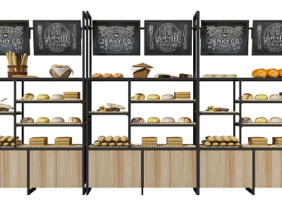 Bakery Display Shelves with Multiple Layers Holding Bread Fruits and Chalkboard Menus 3d model
