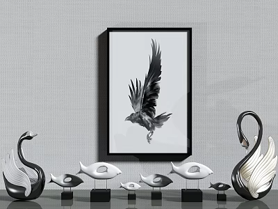 Modern Storage Locker with Black White Framed Bird Picture and Swan Shaped Ornaments 3d model