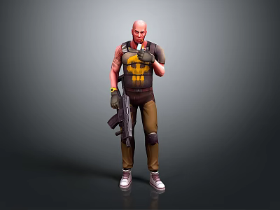 Bald Man Wearing Black Vest With Yellow Pattern Brown Pants Black Gloves Holding Gun Gesturing 3d model