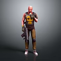 Bald Man Wearing Black Vest With Yellow Pattern Brown Pants Black Gloves Holding Gun Gesturing