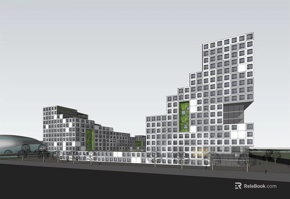 Modern Office Building Architecture With Irregular Cube Structure Large Glass Windows And Green Accent Elements 3d model 
