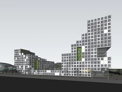 Modern Office Building Architecture With Irregular Cube Structure Large Glass Windows And Green Accent Elements 3d model