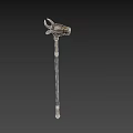 Long Handle Ornate Weapon With Metallic Bull Head Design And Gold Accents