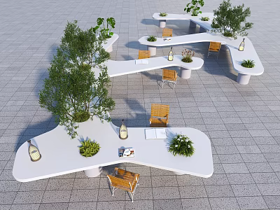 Outdoor Garden Decorative Furniture With White Unique Shaped Tables Small Plants Lanterns And Chairs 3d model