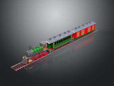 Vintage Steam Train with Green and Red Carriages on Railway Tracks 3d model