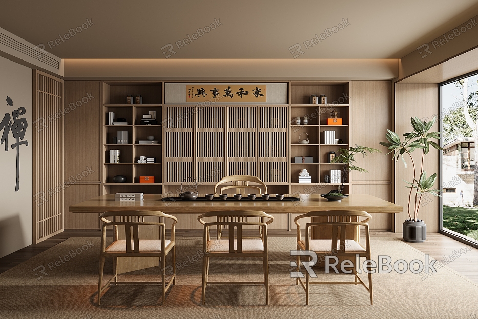 New Chinese Style Tea Room Solid Wood Tea Table and Chair Combination Tea-making Table Tea Area Tea Tray Tea Set Large Board Table Antique Rack Storage Rack Master Chair Low Stool Jewelry Ornaments model