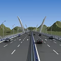 Modern Cable Stayed Bridge Structure With Green Hills And Blue Sky Landscape 3d model