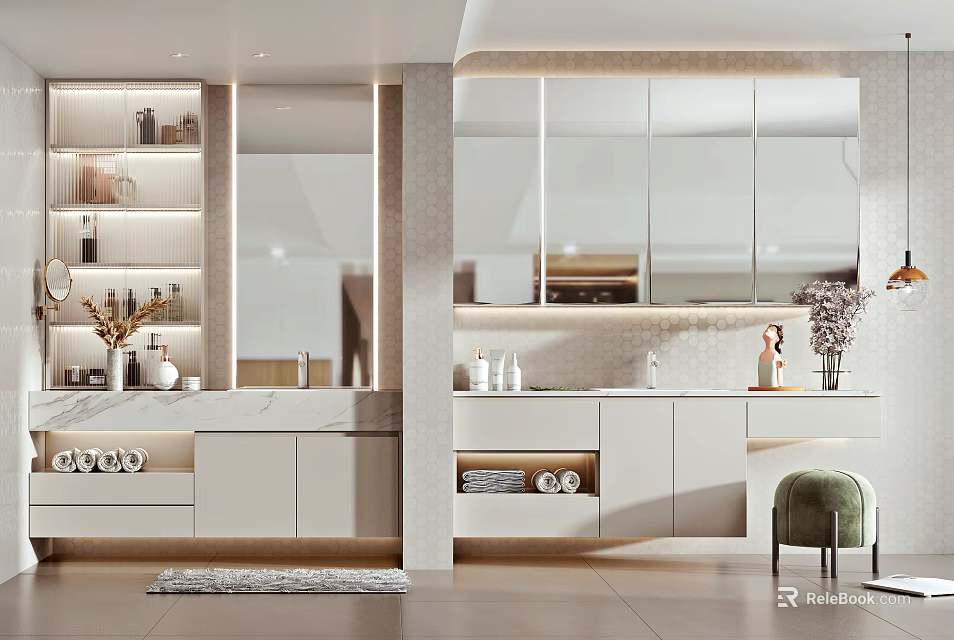 Sleek Modern Bathroom Vanity With Marble Countertop Mirrors And Storage Cabinets 3d model 