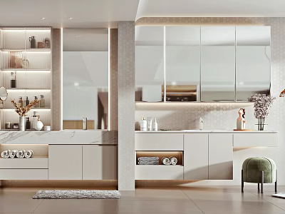 Sleek Modern Bathroom Vanity With Marble Countertop Mirrors And Storage Cabinets 3d model