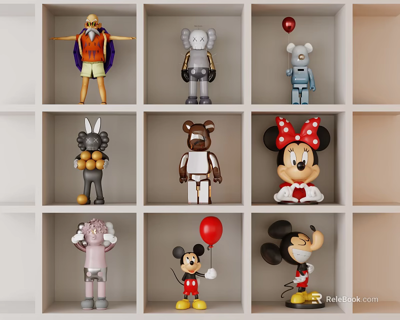 Colorful Various Cartoon Character Sculptures Arranged In Grid On White Shelves 3d model 