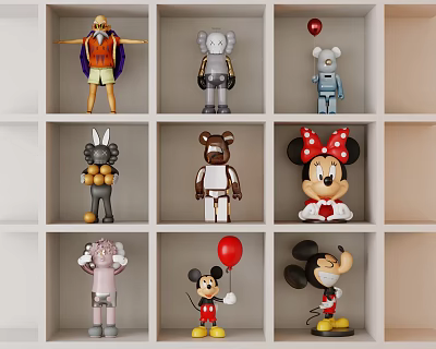 Colorful Various Cartoon Character Sculptures Arranged In Grid On White Shelves 3d model