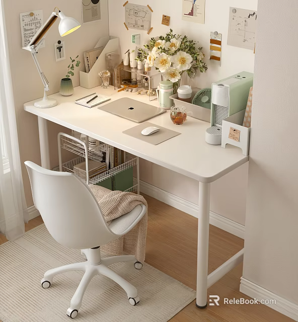 White Desk Setup With Desk Lamp Notebook Mouse Flower Vase Green Appliance And White Chair 3d model 
