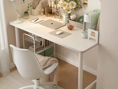 White Desk Setup With Desk Lamp Notebook Mouse Flower Vase Green Appliance And White Chair 3d model