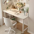 White Desk Setup With Desk Lamp Notebook Mouse Flower Vase Green Appliance And White Chair