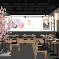 Natural Cozy Restaurant Featuring Cherry Blossom Tree Wooden Tables Pendant Lights And Round Wall Decor