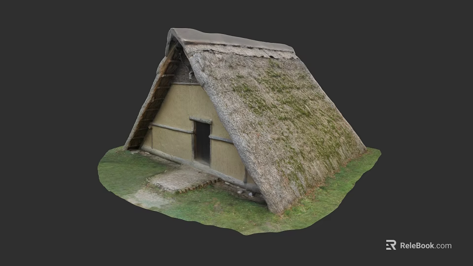 Traditional Ancient Building Featuring Thatched Roof Yellow Walls and Small Door on Grass 3d model 