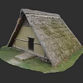 Traditional Ancient Building Featuring Thatched Roof Yellow Walls and Small Door on Grass
