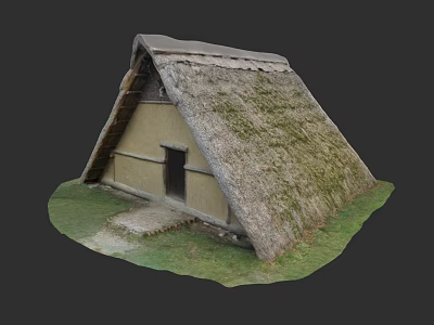 Traditional Ancient Building Featuring Thatched Roof Yellow Walls and Small Door on Grass 3d model