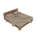 Simple Wooden Double Bed With Round Legs And Beige Linen Bedding
