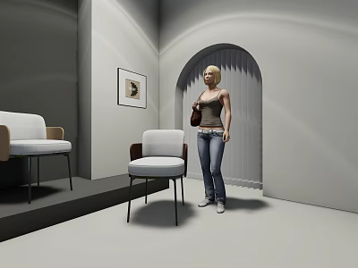 Modern Bedroom Interior With White Armchair Accent Chair Wall Art Arched Doorway And Curtains 3d model