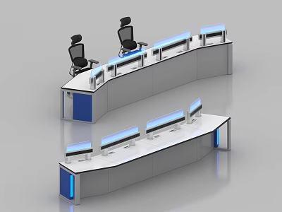 Modern Control Room With Curved Consoles Multiple Monitors And Ergonomic Chairs 3d model