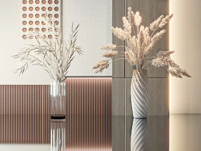Modern Interior With Transparent Glass And Spiral Vases Holding Dried Pampas Grass Against Decorative Wall 3d model