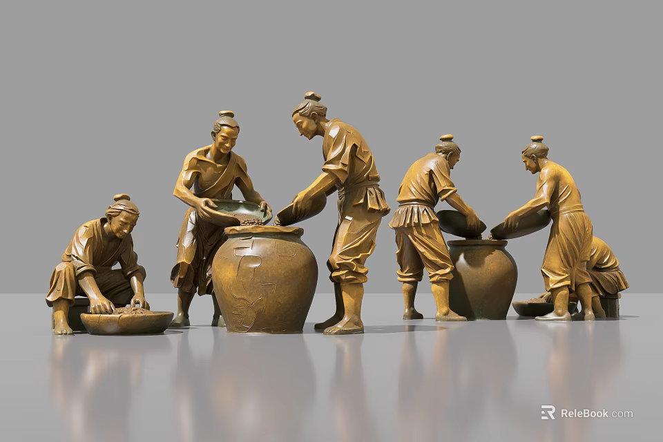 Traditional Bronze Landscape Sculptures Depicting Ancient Laboring Figures With Clay Pots 3d model 