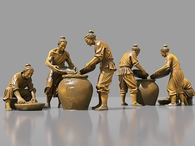 Traditional Bronze Landscape Sculptures Depicting Ancient Laboring Figures With Clay Pots 3d model