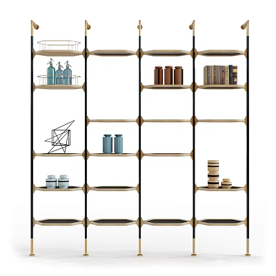 Modern Open Bookcase With Metal Frame Wooden Shelves And Decorative Items 3d model