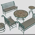 Lush Garden Plants Surrounding Green Metal Furniture With Ornate Table Design