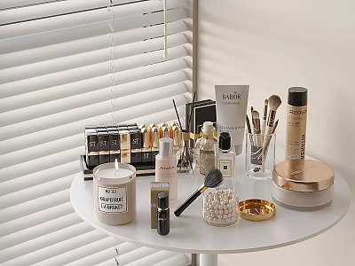 Perfume and Cosmetics Display On White Round Table With Brushes Bottles Candle And Powder Case 3d model