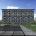 Modern Residential Building Exterior Design With Reflective Pool Lawn Walkway And Trees