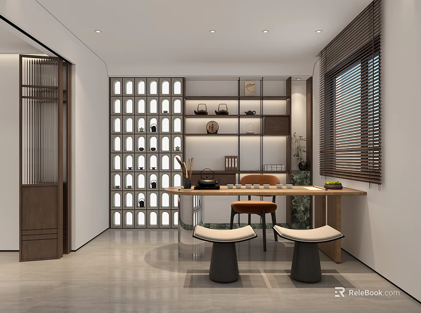 Modern Tea Room Interior With Long Table Stools And Teaware Shelves 3d model