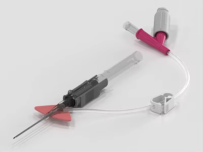 Medical Syringe Device With Red Components Transparent Tubing And Metal Parts 3d model