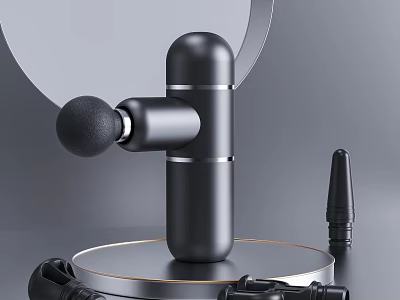 Black Compact Massage Gun With Modern Design And Accessories On Stand 3d model