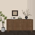 Wooden Entryway Cabinet Sideboard With Drawers Potted Plant And Checkerboard Wall Art 3d model