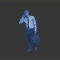 Businessman Talking on Phone in Light Blue Shirt Holding Gray Briefcase Against Gray Background
