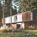 Lush Forest Single Family Home With Wooden Stone Exterior Large Windows Front Garden and Driveway