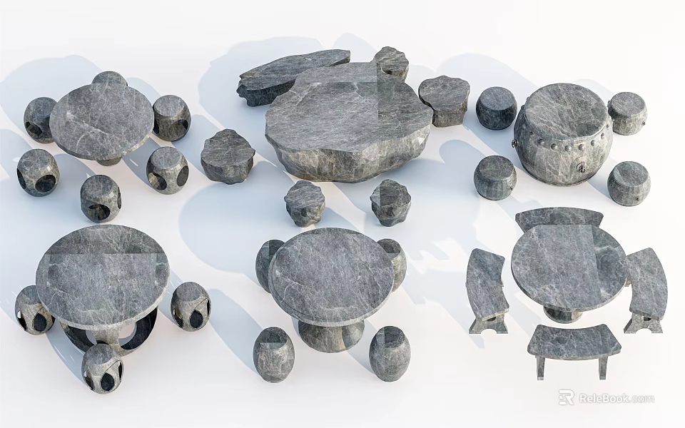 Various Stone Table And Chair Sets With Round Tops And Different Designs 3d model