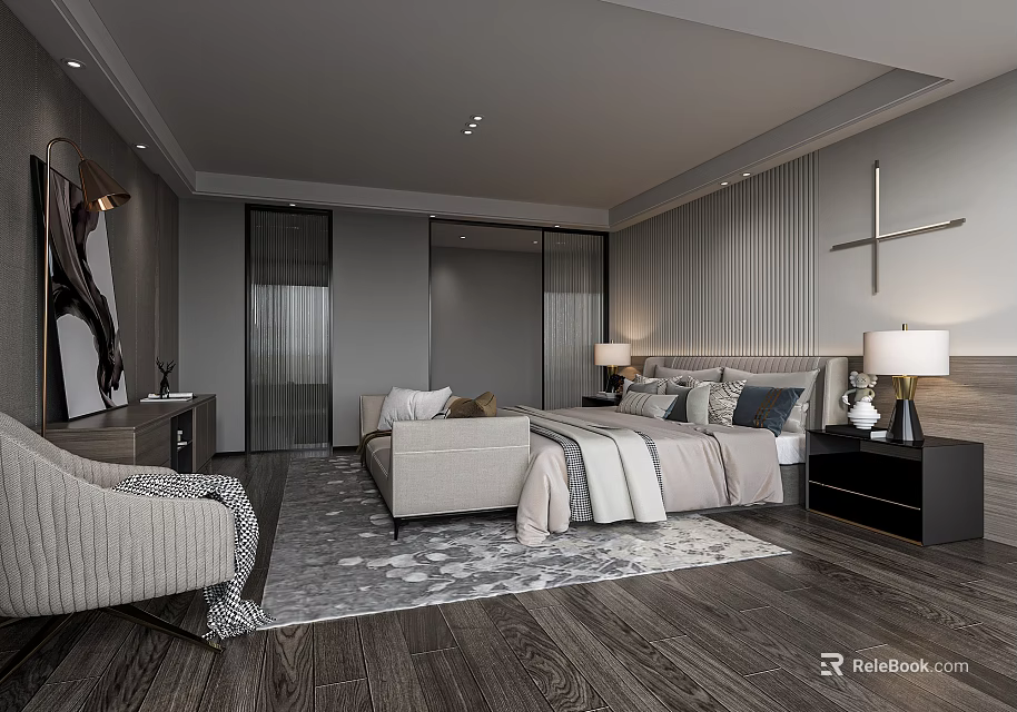 Modern Hotel Guest Room With Bed Sofa Wooden Flooring Table Lamps And Accent Rug 3d model 