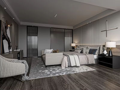 Modern Hotel Guest Room With Bed Sofa Wooden Flooring Table Lamps And Accent Rug 3d model
