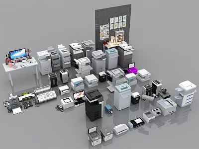 Variety of Office Equipment Display Including Printers Scanners Computers and Copiers 3d model