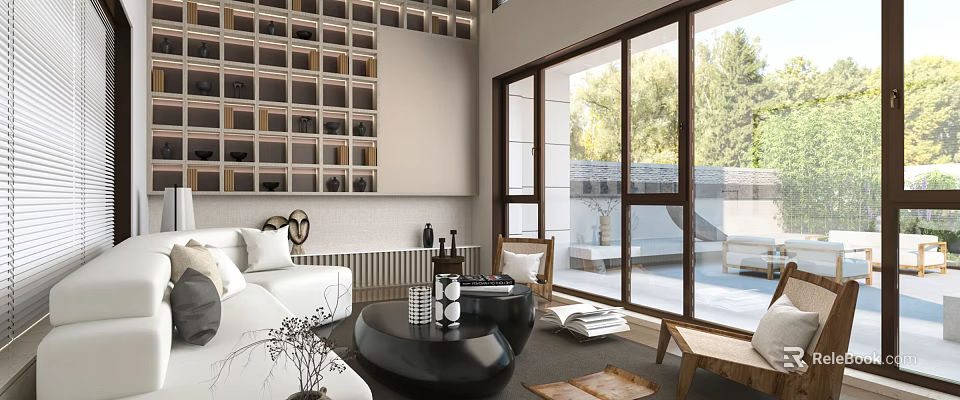 Modern Minimalist Loft Living Room With Floor To Ceiling Windows And Sofa 3d model 