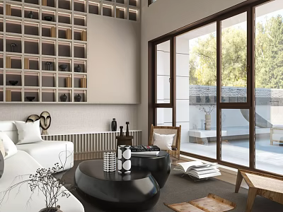 Modern Minimalist Loft Living Room With Floor To Ceiling Windows And Sofa 3d model